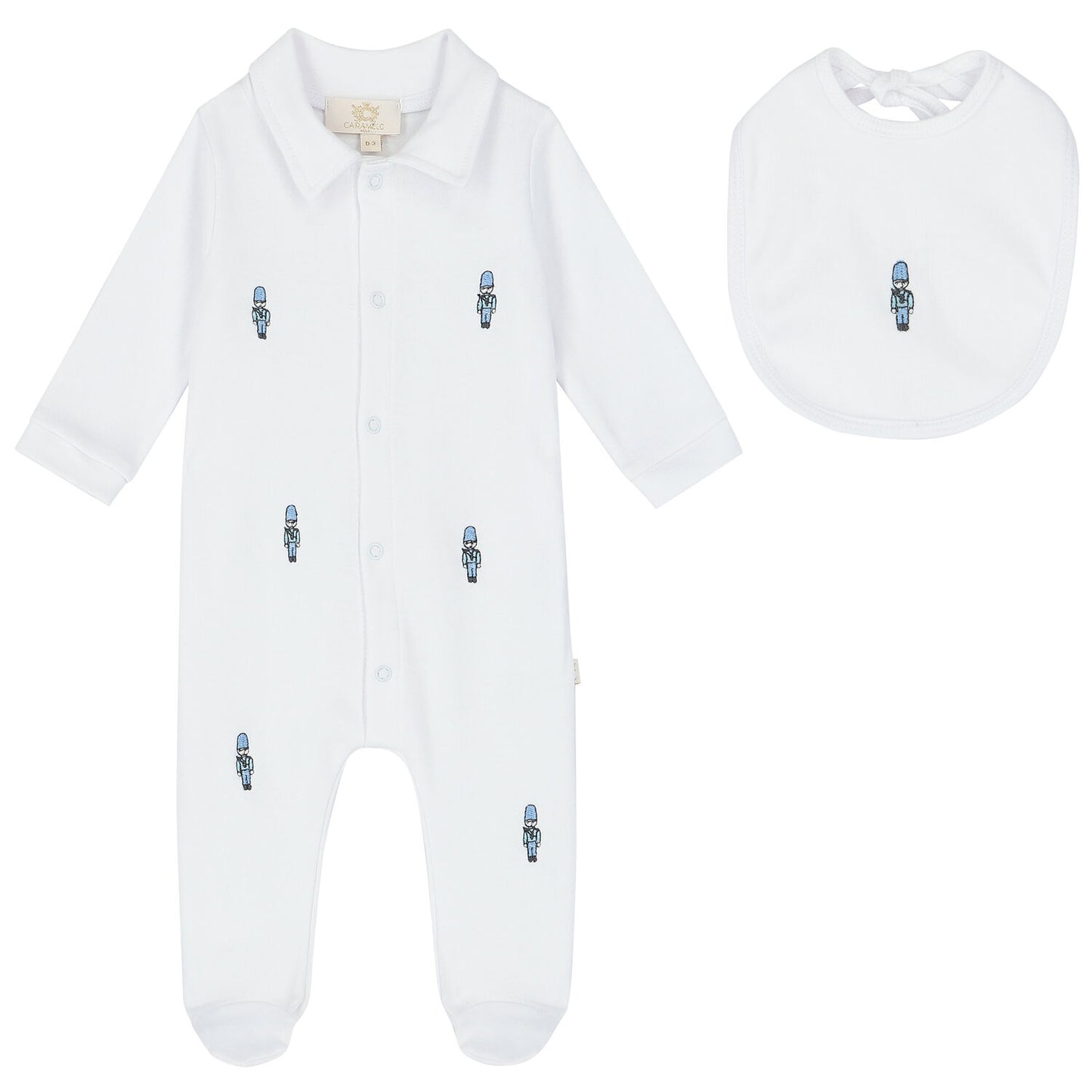 Caramelo Kids, All in ones, Caramelo Kids - White all in one and bib, soldier design