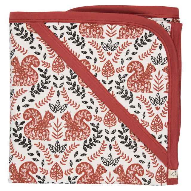 Pigeon Organics - Brown and cream, hooded blanket, all over red squirrel print