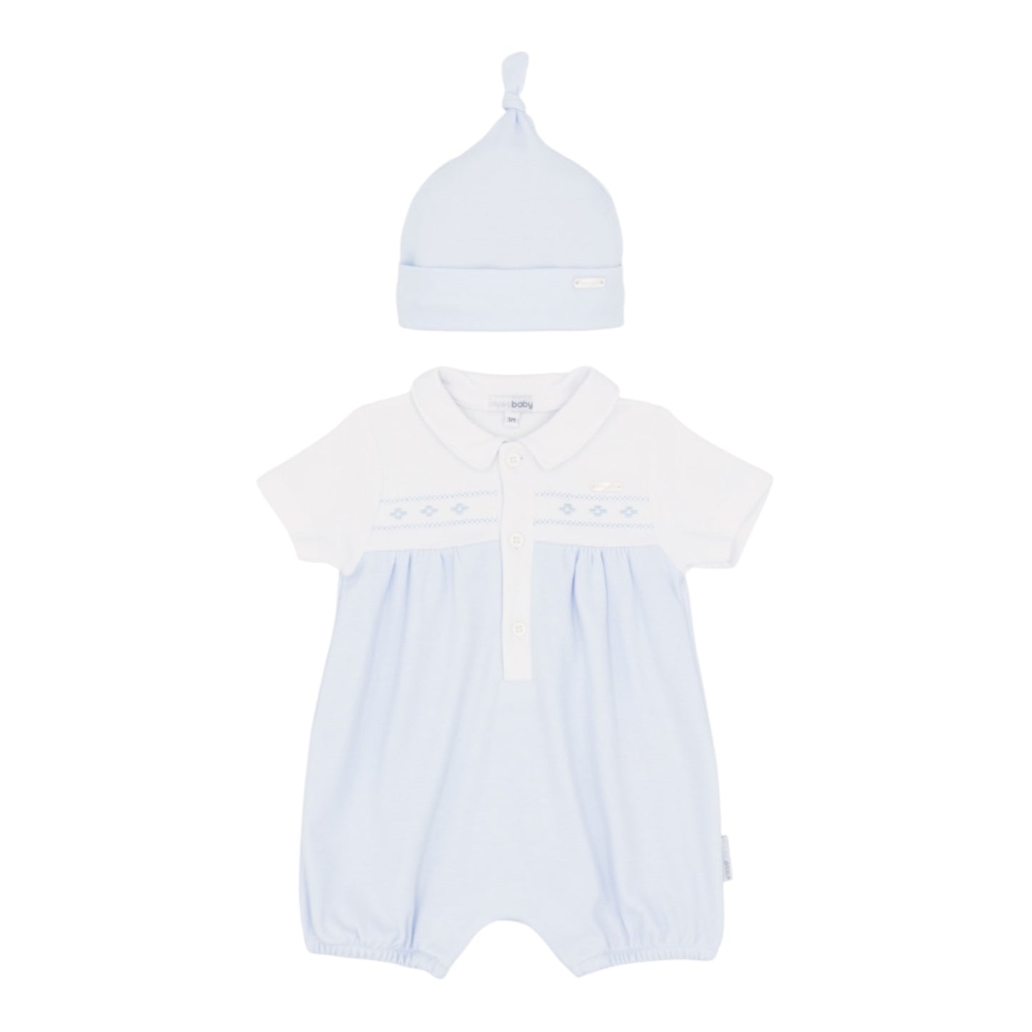 Ref; BB2274
Dress your little one in timeless style with this charming two-piece set from blues baby. The soft blue romper features a crisp white bodice and delicate collar, adorned with delicate blue embroidery for added elegance. Practical elastic cuffs and popper fastenings ensure a secure fit, while the matching light blue hat with a playful top knot completes the look. Crafted from 100% cotton for comfort and breathability, this outfit is machine washable for easy care.