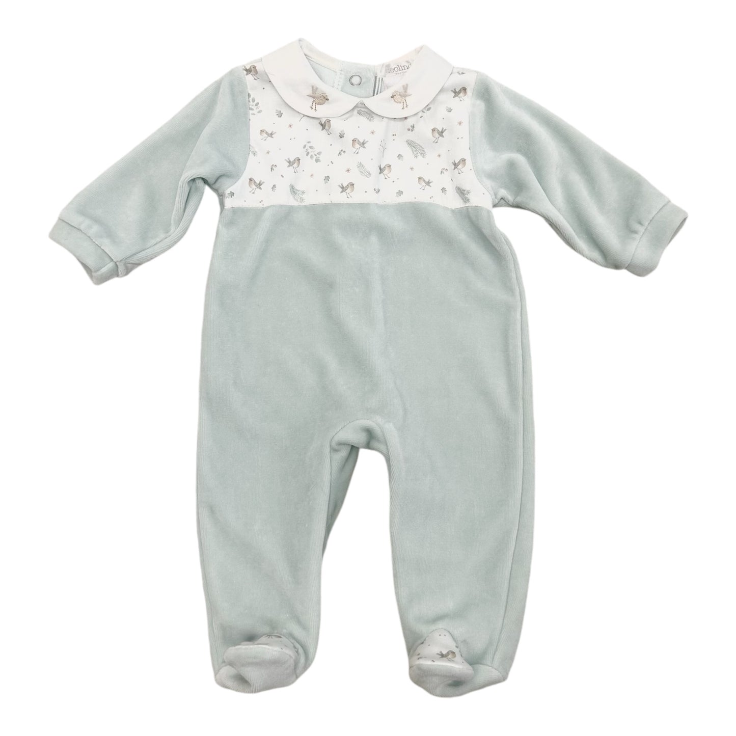 deolinda, All in ones, Deolinda - Soft green velour all in one with robin print yolk