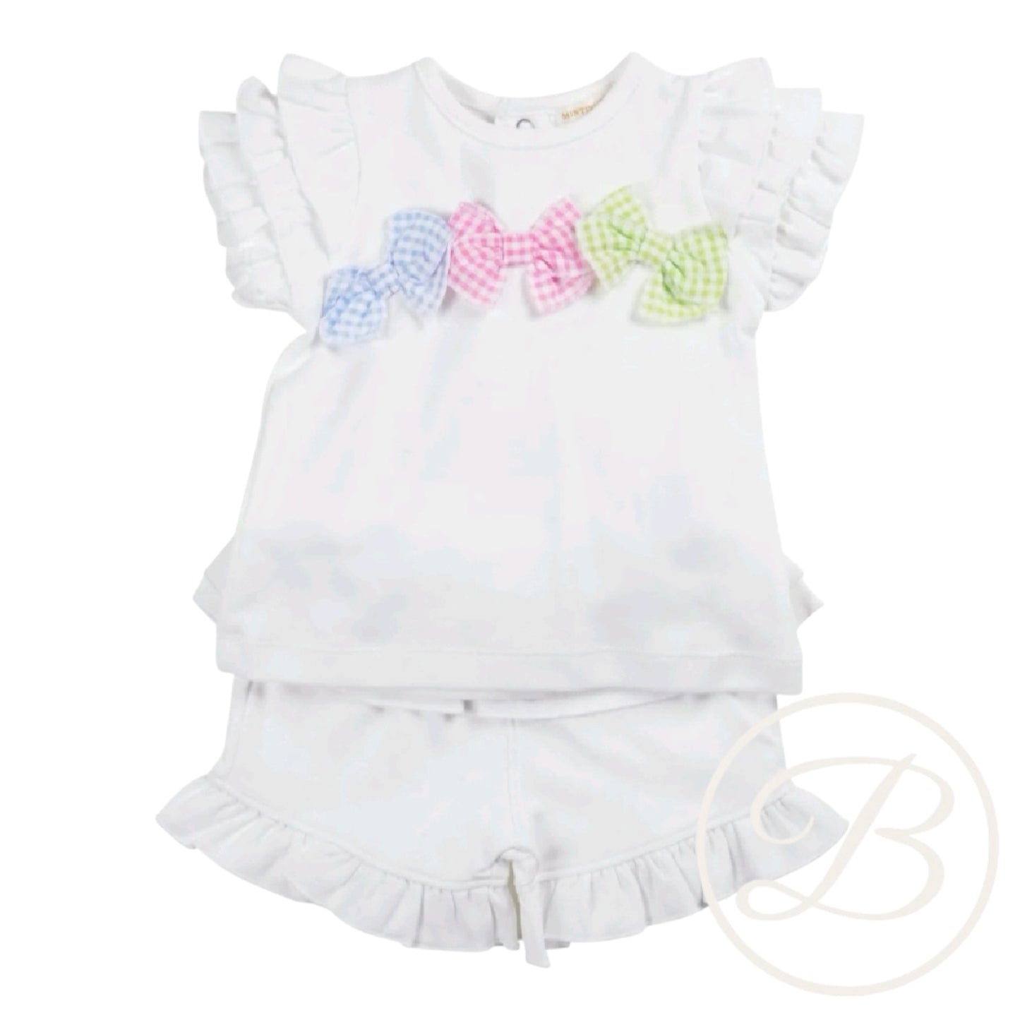 Mintini, 2 piece shorts outfits, Mintini - 2 piece white shorts set with coloured bow detail