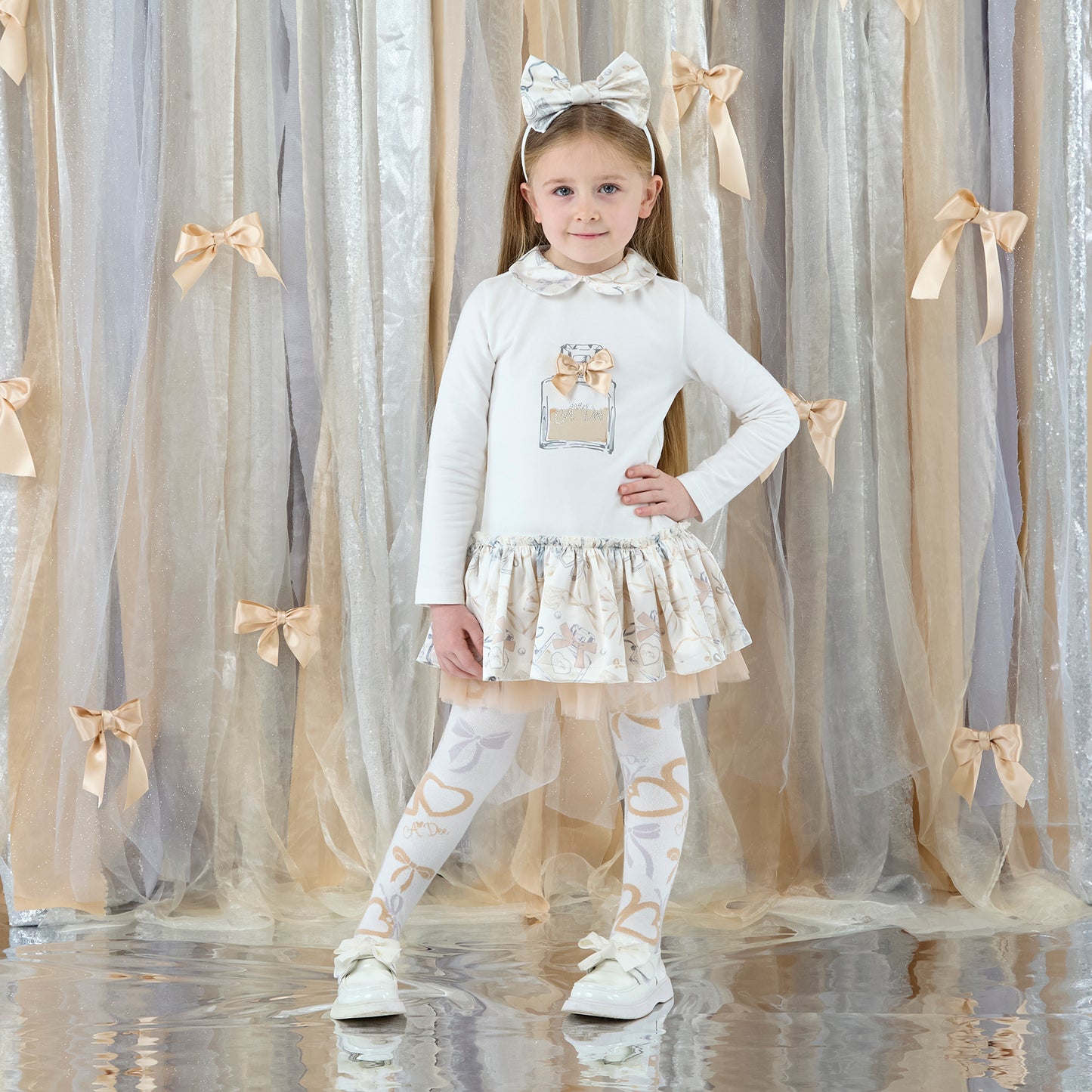 A'Dee - Bow print and tule skirt dress, Beige