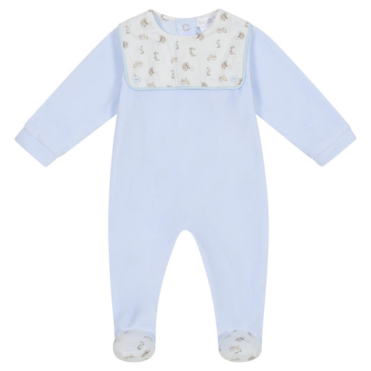 deolinda, All in ones, Deolinda - Light blue velour all in one, small animal print on yolk