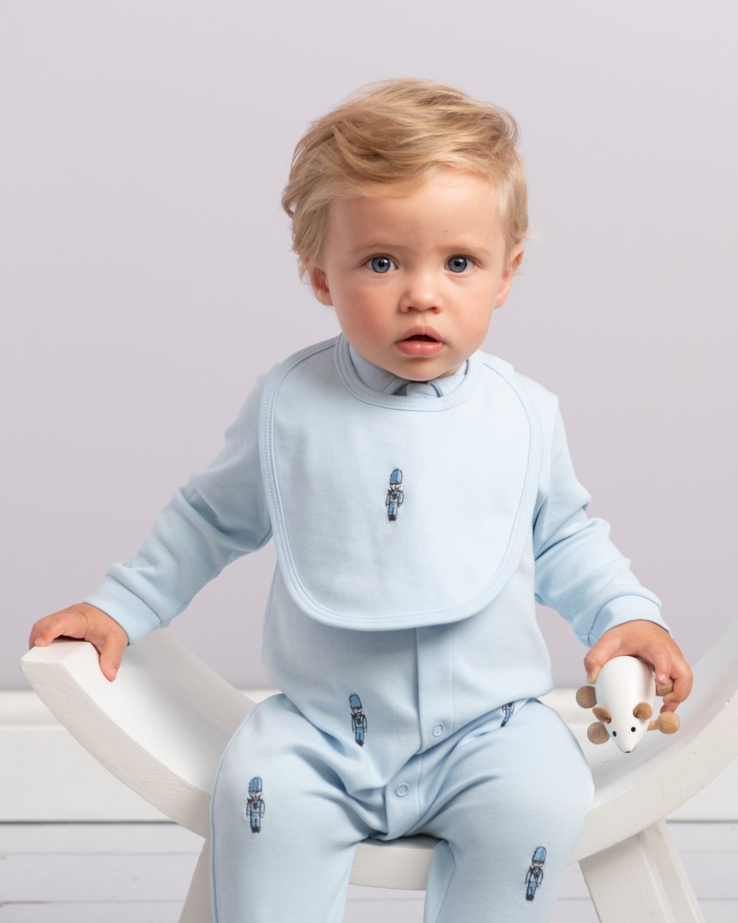 Caramelo Kids, All in ones, Caramelo Kids - Pale blue all in one and bib, soldier design