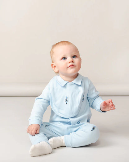 Caramelo Kids - Blue all in one and bib, soldier design