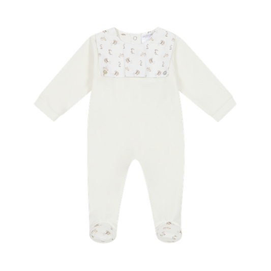 deolinda, All in ones, Deolinda - White velour all in one, small animal print on yolk