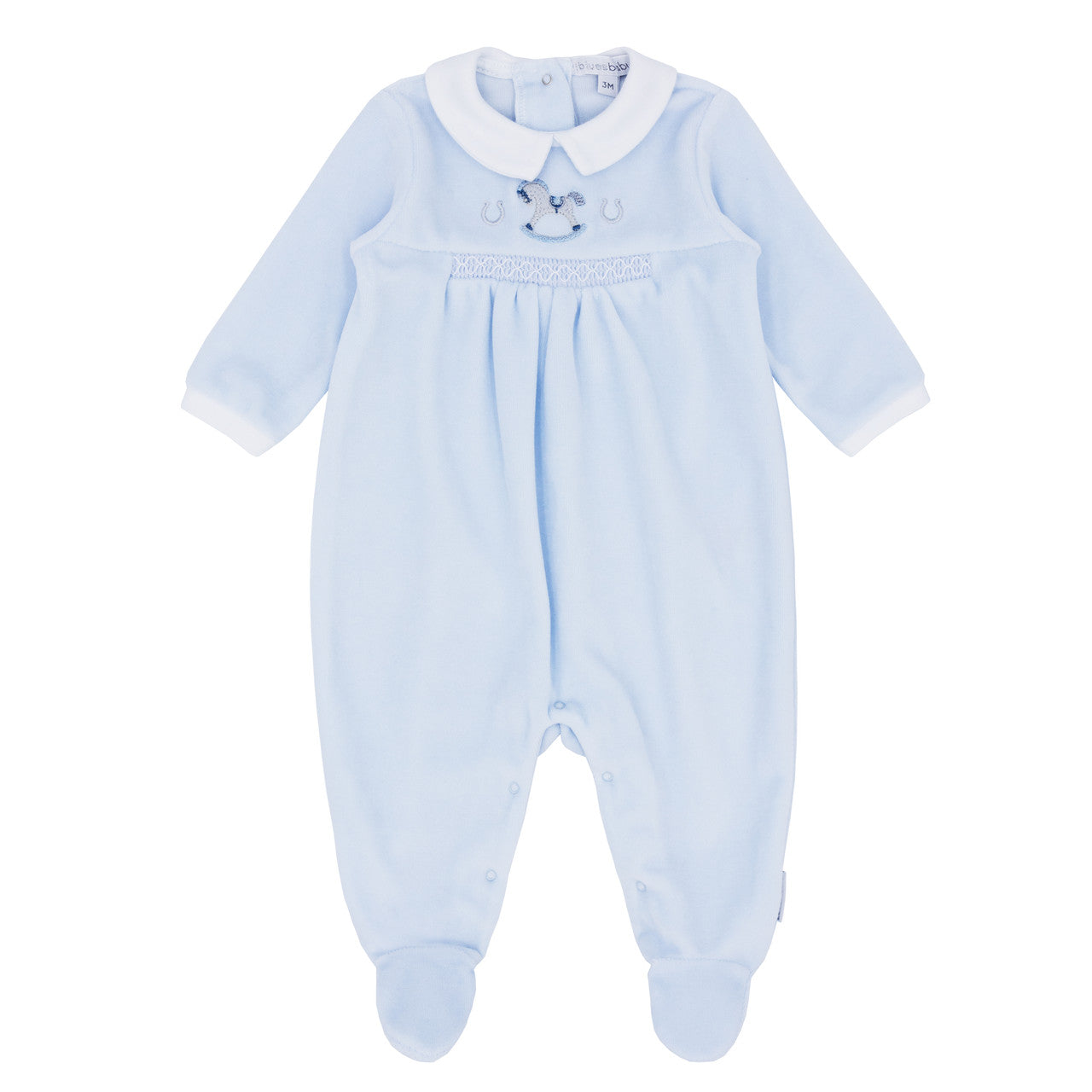 blues baby, All in ones, blues baby - Light blue velour all in one, rocking horse motif