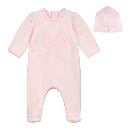 Emile et Rose, all in ones, Emile et Rose - Pink all in one with embroidered bow on front and hat