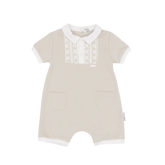 The perfect all-in-one outfit for your little one. This blues baby beige romper features a charming white collar and yoke with delicate smocking detail. Practical front pockets and easy half-button fastening at the front with poppers under the legs make dressing a breeze. Crafted from soft 100% cotton and machine washable at 30°, it's comfortable for everyday wear and simple to care for.