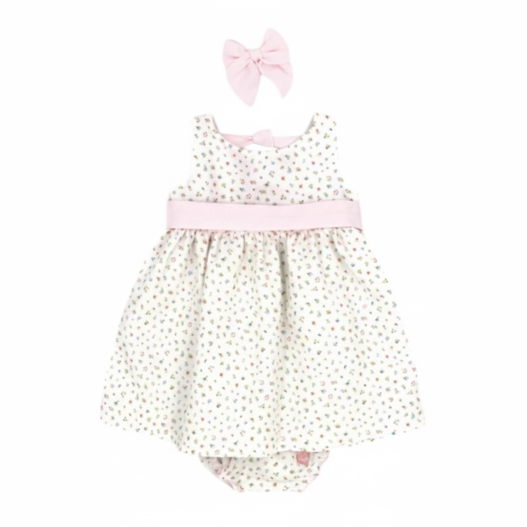 Rapife - Dress and pants, white ditsy, with pink hairclip