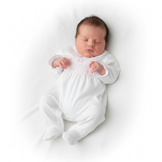 Deolinda - White romper with light pink smocking detail