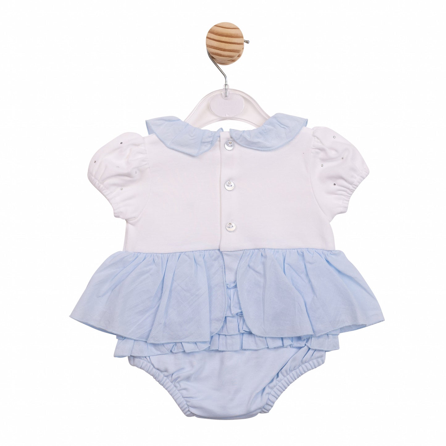 Mintini - Light blue and white romper with mock dress overlay