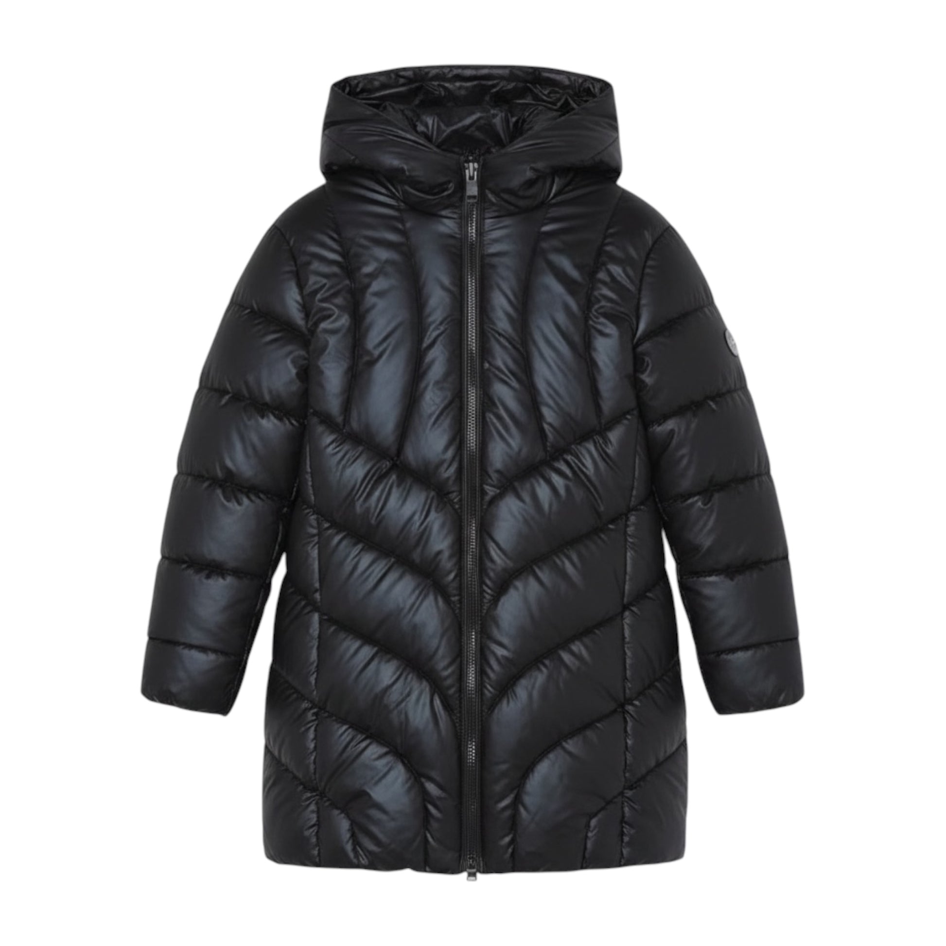 A black hooded puffer jacket with a full front zipper, shown on a plain white background.