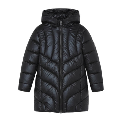 A black hooded puffer jacket with a full front zipper, shown on a plain white background.