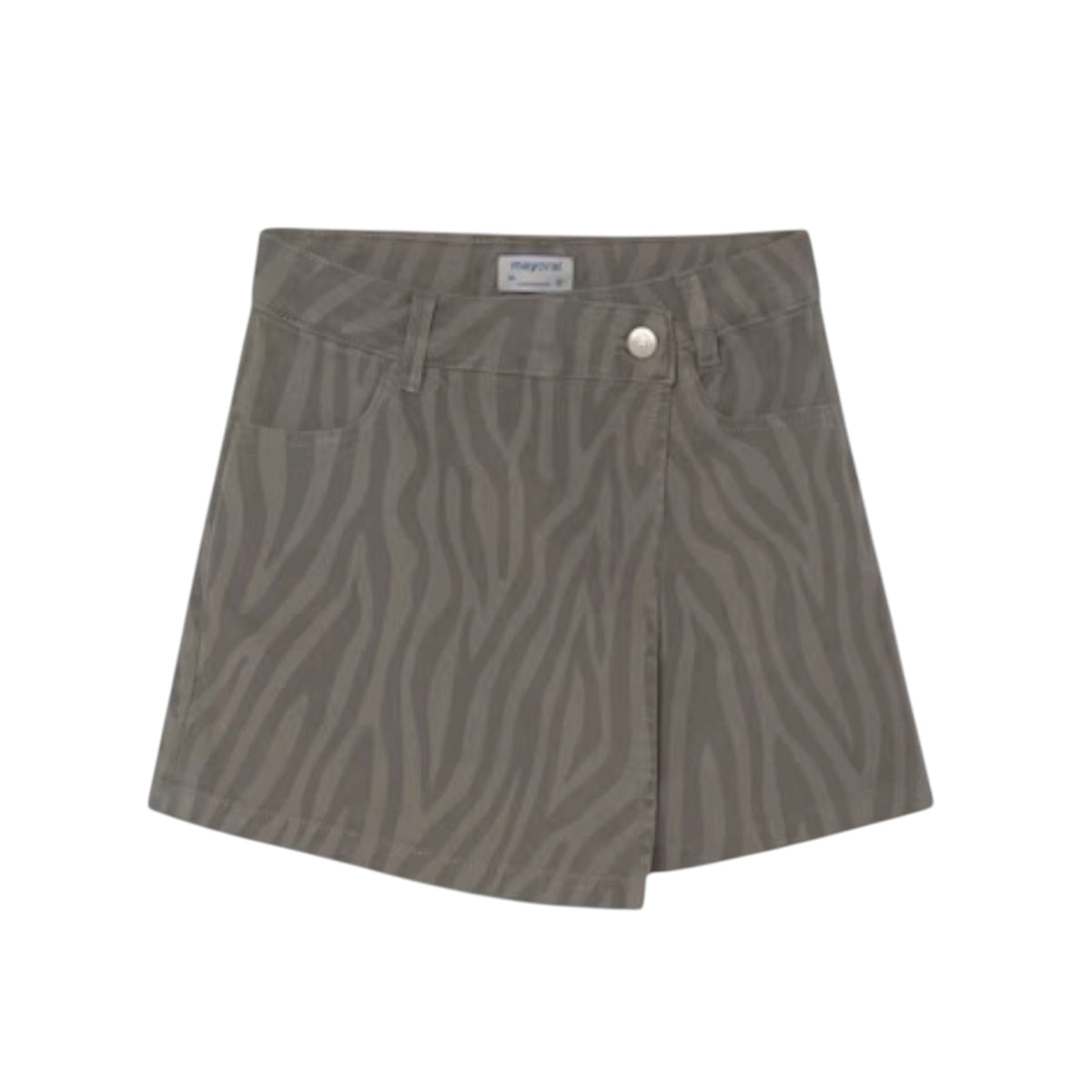 A zebra-print mini skirt in a muted taupe-gray color, featuring a button closure and front pockets, shown against a plain white background.