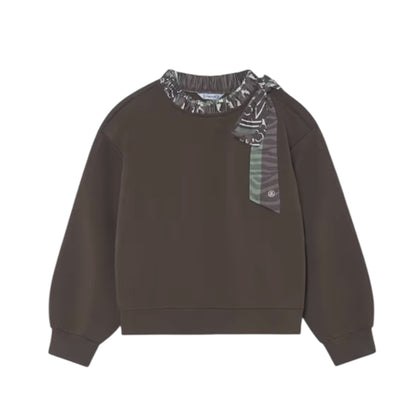 A dark brown crewneck sweatshirt with a ruffled collar featuring a gray and black pattern, accented by a matching patterned scarf tied to the side.