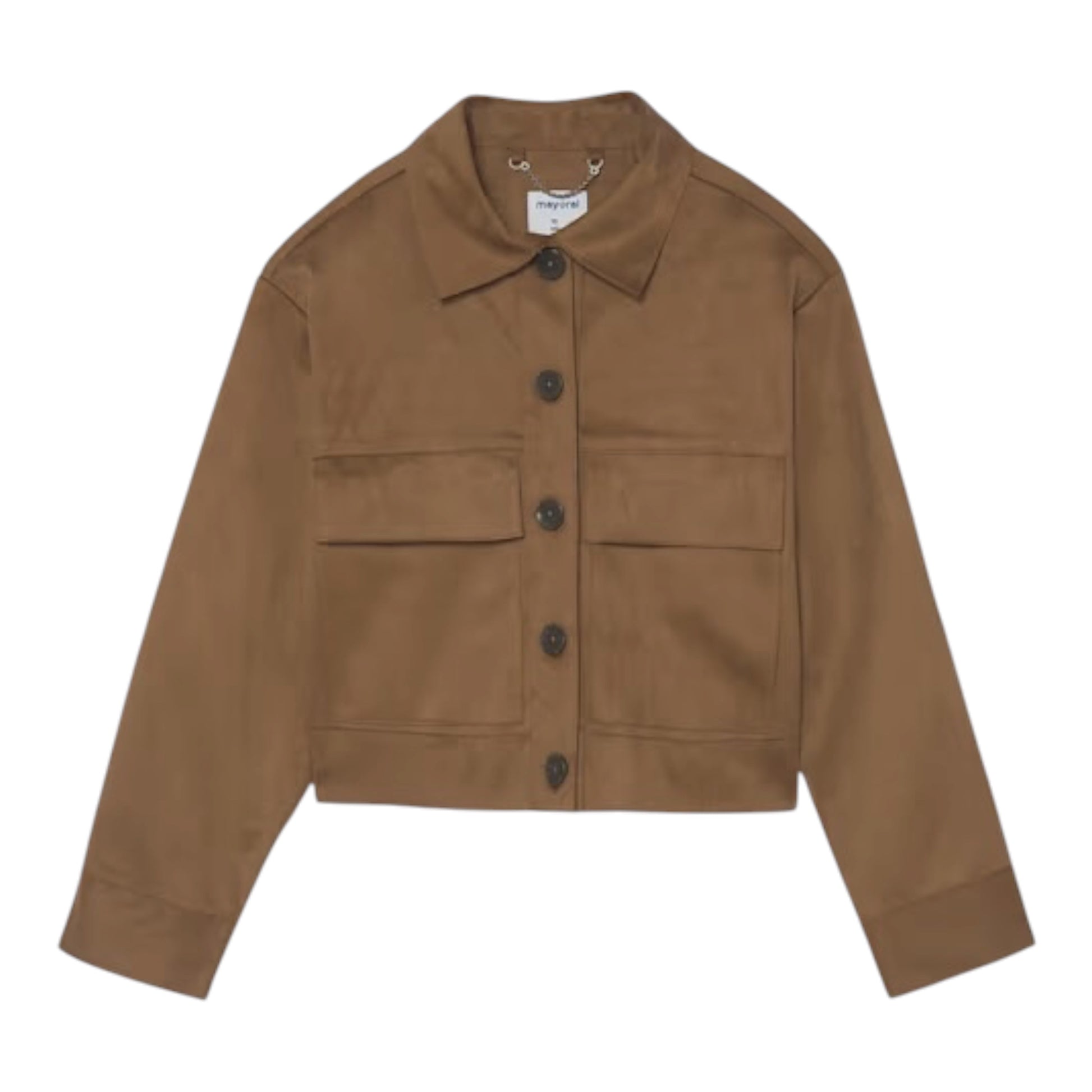 A cropped brown utility jacket with a pointed collar, dark buttons, and two large front flap pockets, shown flat on a white background.