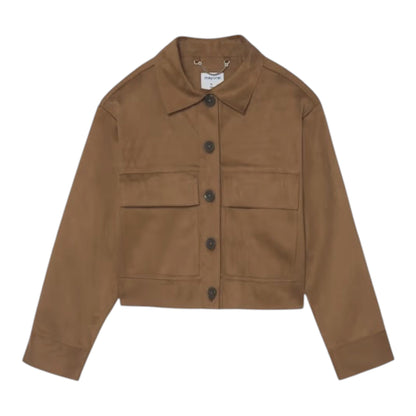 A cropped brown utility jacket with a pointed collar, dark buttons, and two large front flap pockets, shown flat on a white background.