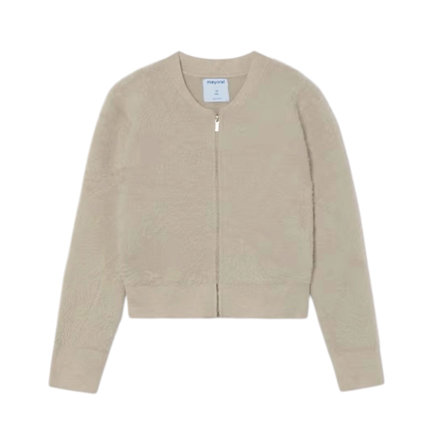 A beige cropped zip-up jacket with a fuzzy, sherpa-like texture, long sleeves, and a ribbed collar, cuffs, and hem, shown flat on a white background.