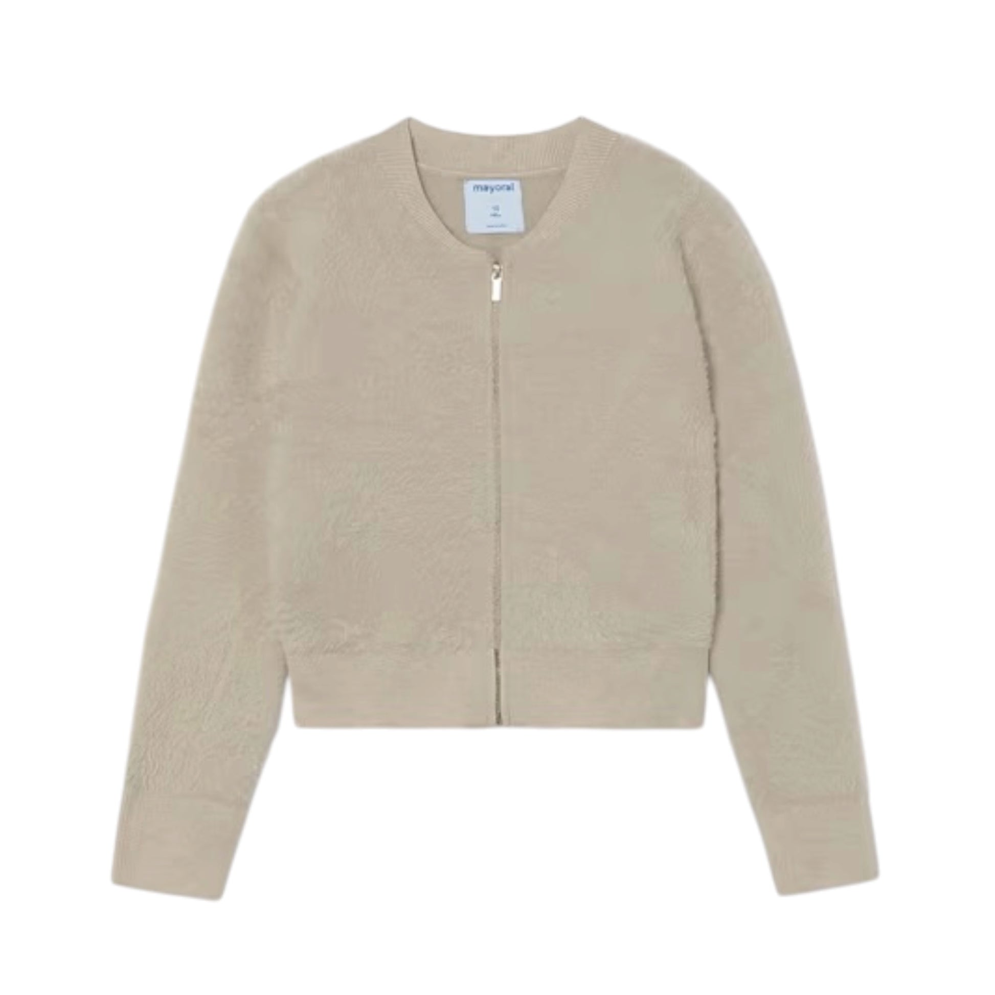 A beige cropped zip-up jacket with a fuzzy, sherpa-like texture, long sleeves, and a ribbed collar, cuffs, and hem, shown flat on a white background.