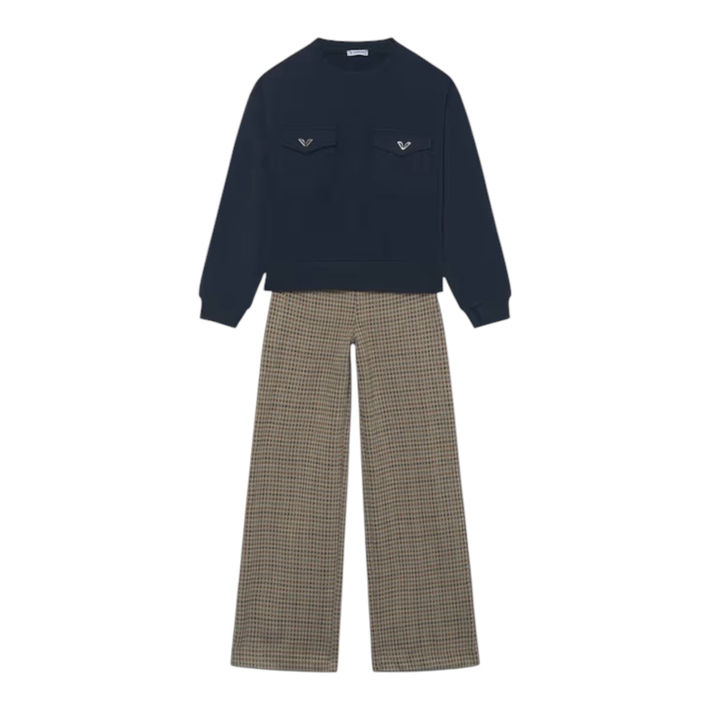 A two-piece clothing set featuring a dark navy blue long-sleeve crewneck sweatshirt with two chest pockets, and wide-leg trousers in a brown and beige houndstooth pattern, displayed on a solid white background.