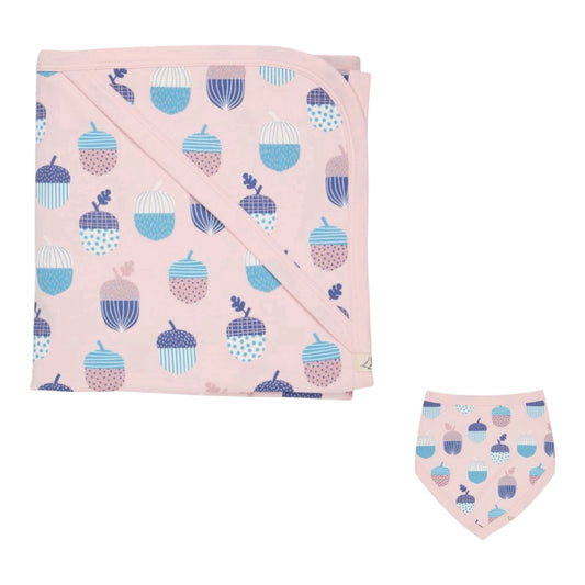 Pigeon Organics - Pink acorn hooded blanket & bib