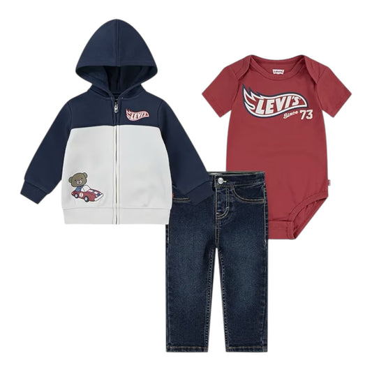 Children's clothing set with hoodie, jeans, and bodysuit on a white background