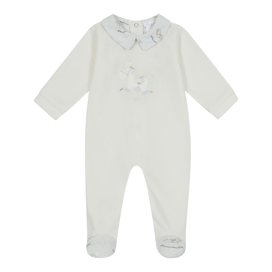 Deolinda - White velour all in one, pale pink rocking horse detail