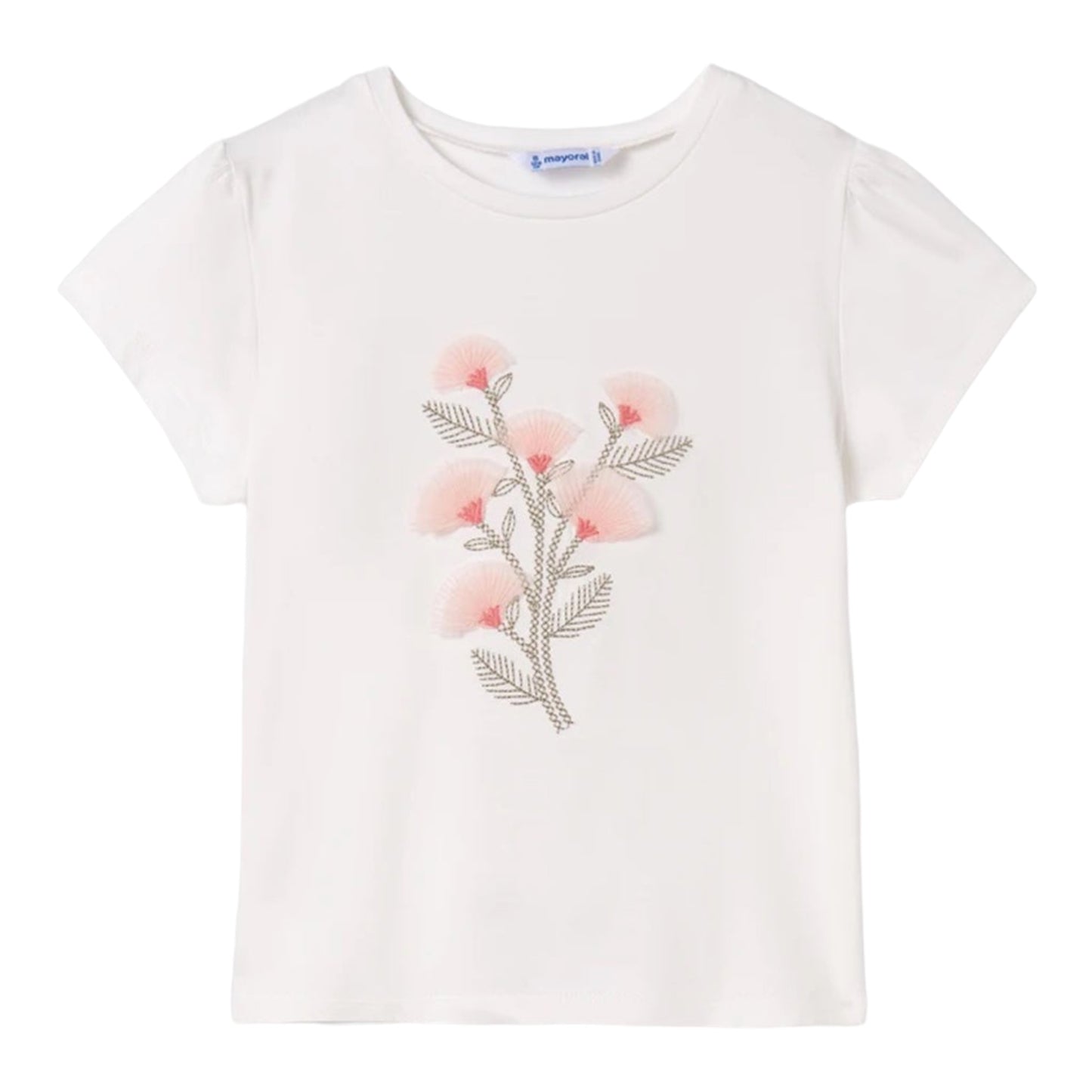 Mayoral, T-shirts, Mayoral - Ivory crew neck T-shirt with embroidered flower detail on front