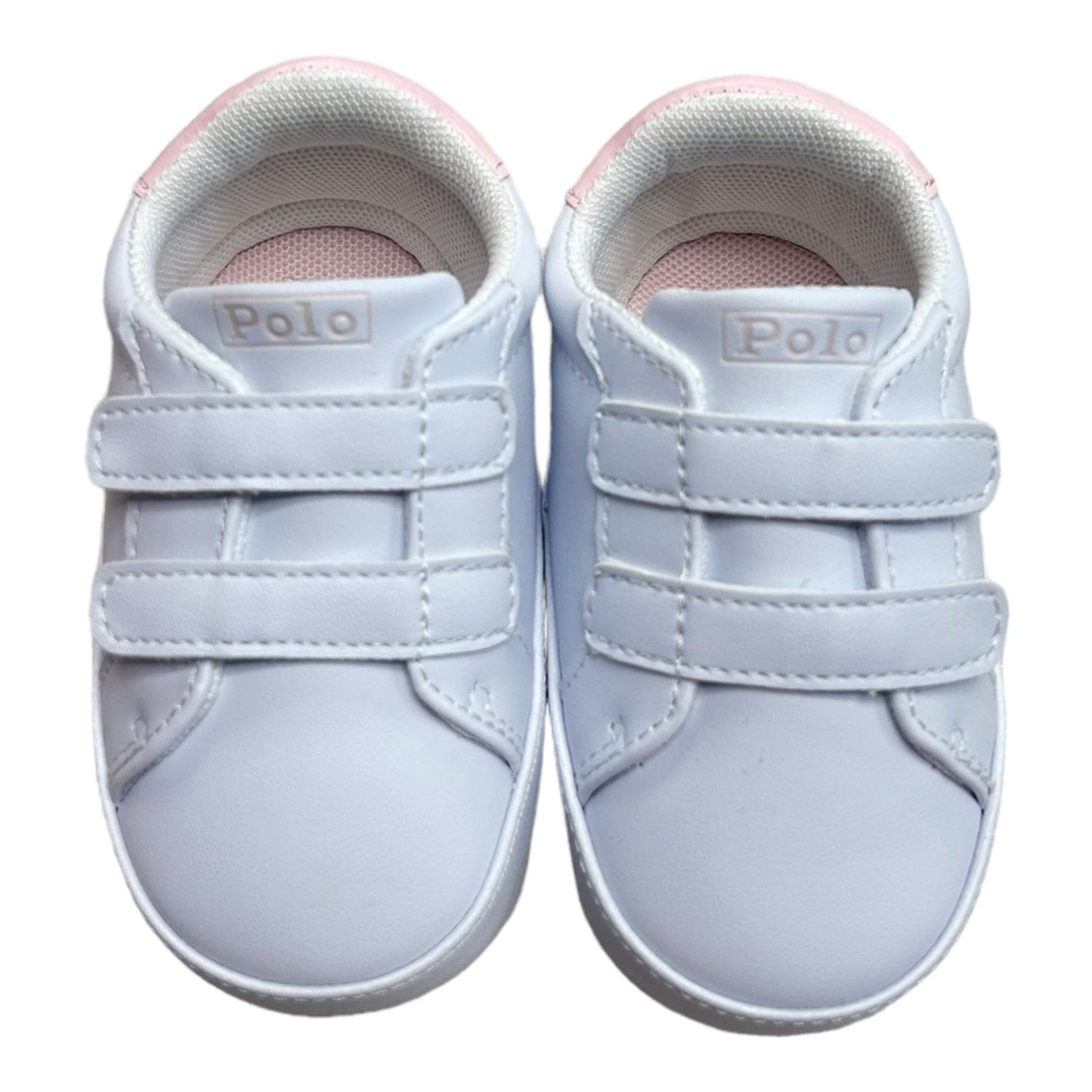 Ralph Lauren, footwear, Ralph Lauren - White faux leather baby shoes, pink trim, trainer style, velcro