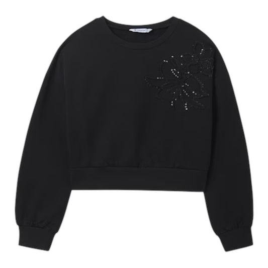 Mayoral - Black long sleeved crop sweat top, floral design on front