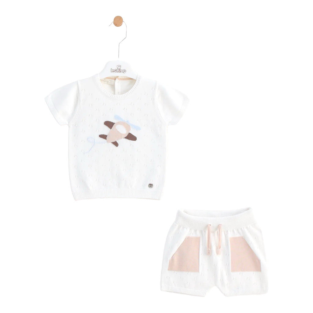 leo king, 2 piece shorts outfits, leo king - Ivory 2 piece knit outfit, shorts and top, aeroplane front design