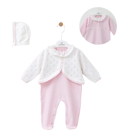 leo king - Girls 3 piece outfit, romper, cardigan and hat, pink