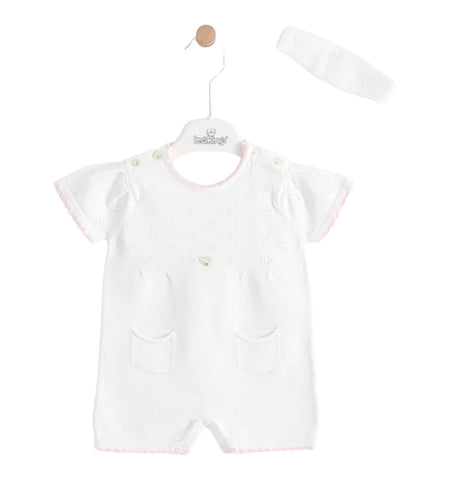 leo king - White knit all in one with pink trim, short legs, with matching headband