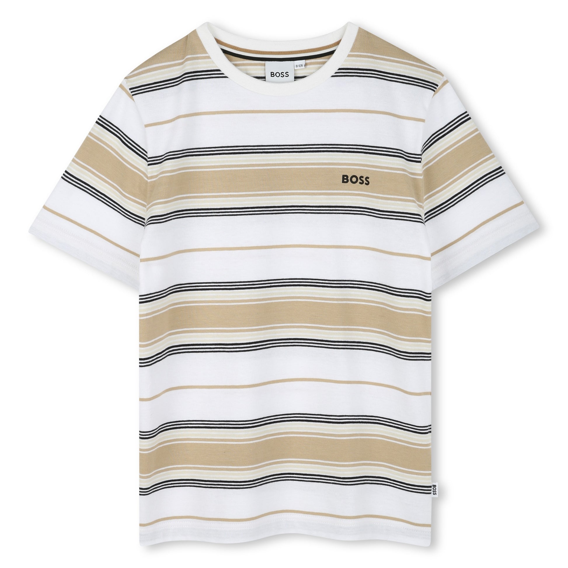 Boss, T-shirts, Boss - Short sleeved, crew neck, white and sand stripe T-shirt,