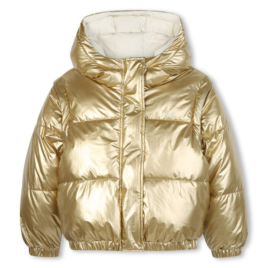 Gold puffer jacket on a white background