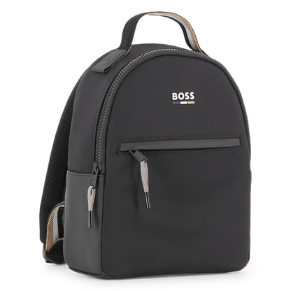Black backpack with 'BOSS' logo on a white background