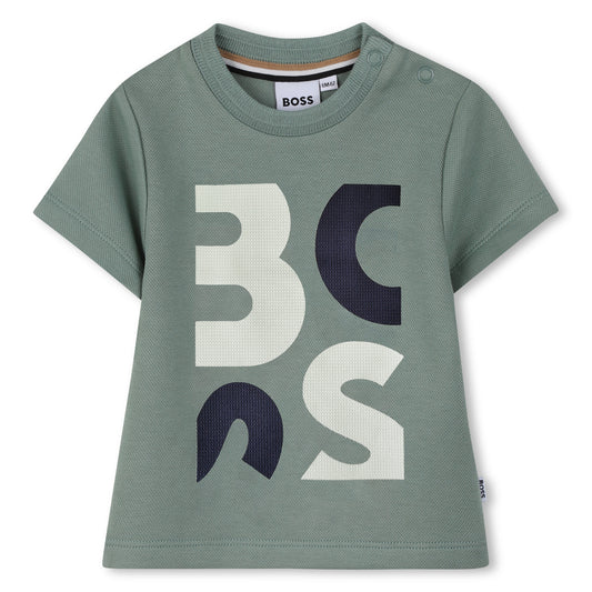 Boss - Toddler, textured green t-shirt with navy, beige Boss front print