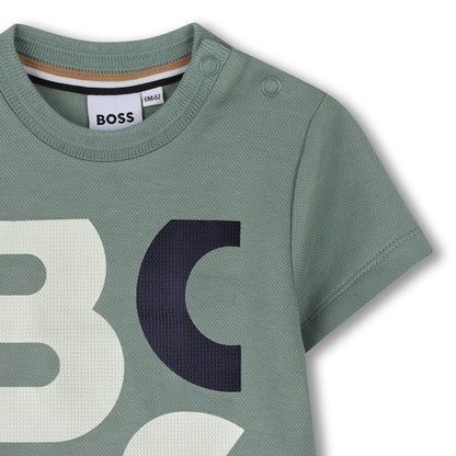 Boss - Toddler, textured green t-shirt with navy, beige Boss front print
