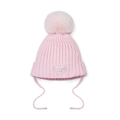 Little A - Light pink knit hat with faux fur pompom, Kamila