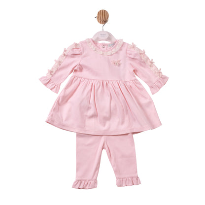 A baby girl's two-piece clothing set consisting of a long-sleeve pink dress and matching pants