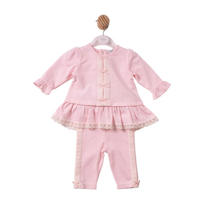 A baby girl's two-piece pink outfit set consisting of a long-sleeve top with lace trim and matching pants, 
