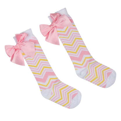 A'Dee, socks, A'Dee - Long white socks with lemon and pink chevron pattern, pink bow