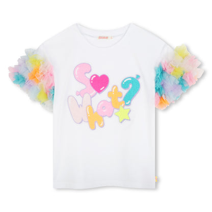 Billieblush - White T-shirt with multi-coloured ruffle short sleeves