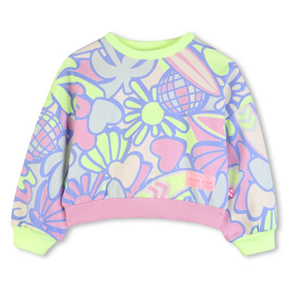 Colorful patterned sweatshirt with pink trim on a white background