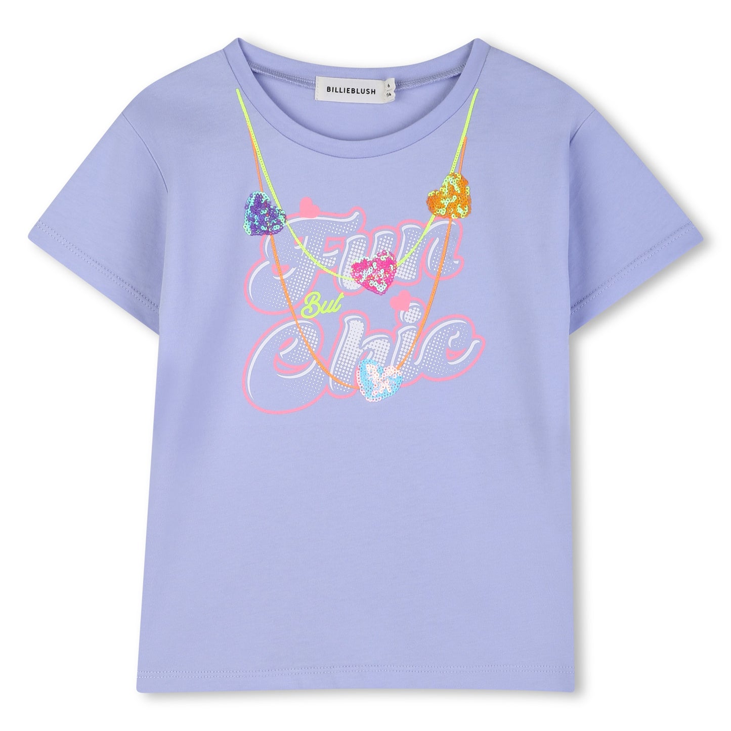 Light purple t-shirt with colorful graphic design on a white background
