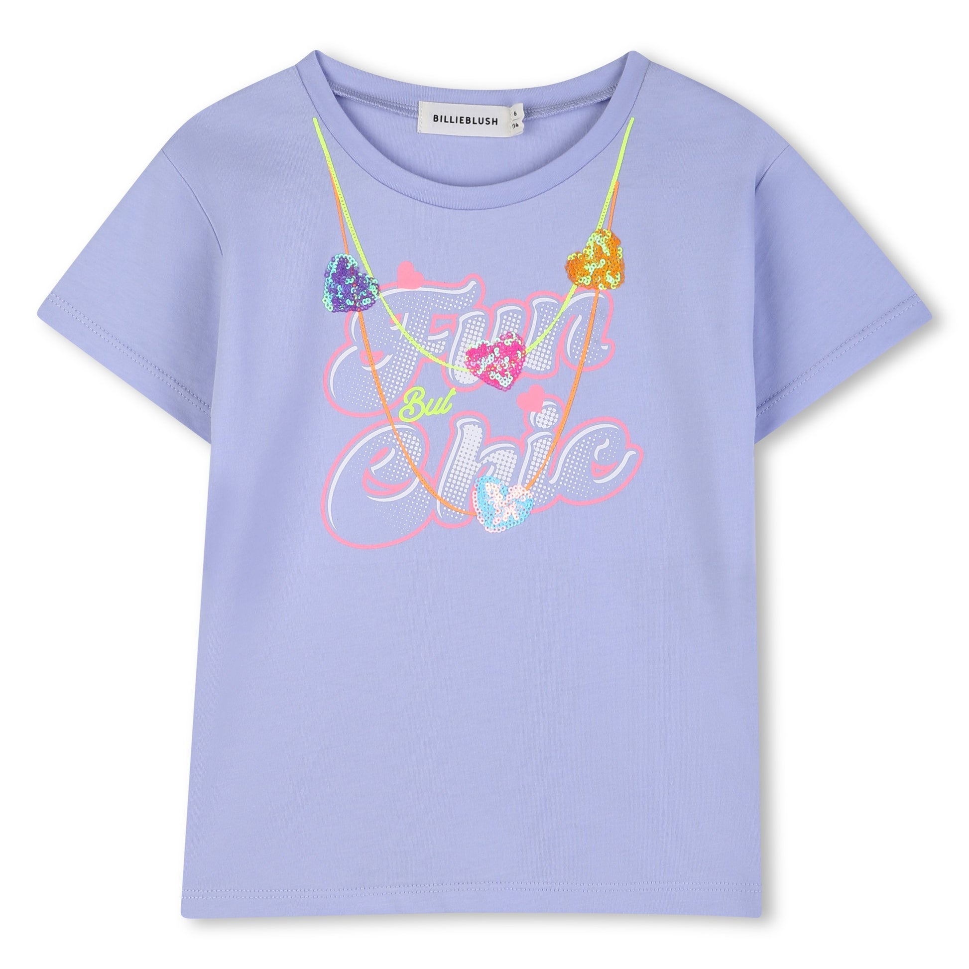 Light purple t-shirt with colorful graphic design on a white background