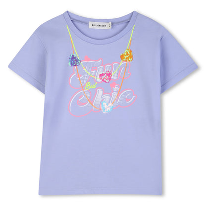 Light purple t-shirt with colorful graphic design on a white background