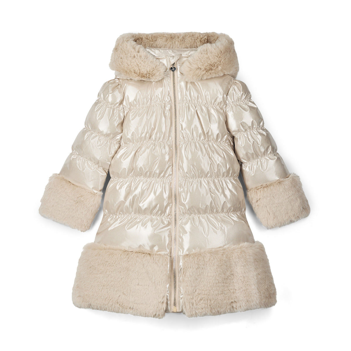 A'Dee - Stone beige sparkle, coat with faux fur trim