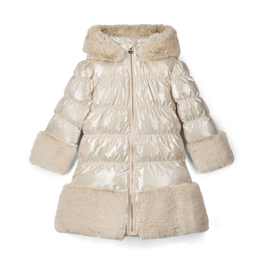 A'Dee - Stone beige sparkle, coat with faux fur trim